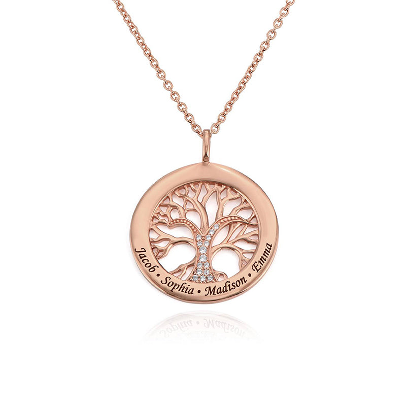 Helloice Engraved Diamond Family Tree Circle Necklace